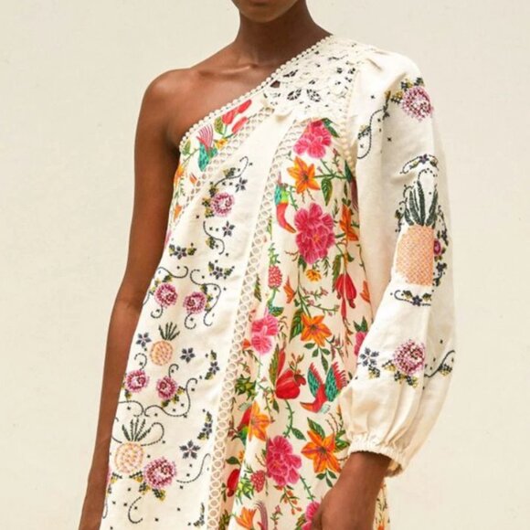 NWT Farm Rio Toucan's Garden print empbroidered one sleeve mini dress Sz M - Picture 6 of 16